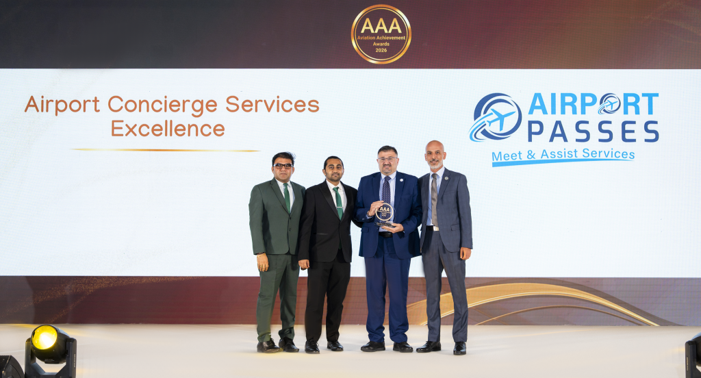 Airport Passes team receiving the Airport Concierge Services Excellence Award at the Aviation Achievement Awards 2026 in Dubai